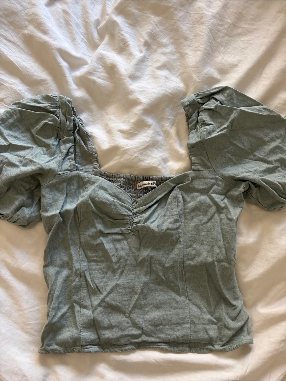 Abercrombie & Fitch Sage Green Square-Neck Puff Sleeve Crop Top